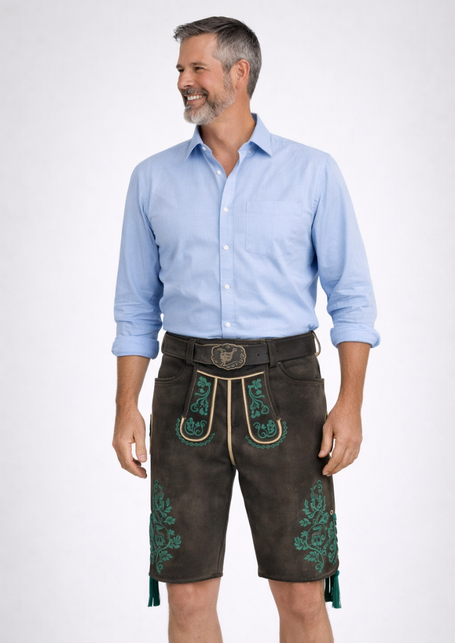 Men's Brown Suede Lederhosen with Green Embroidery for Oktoberfest
