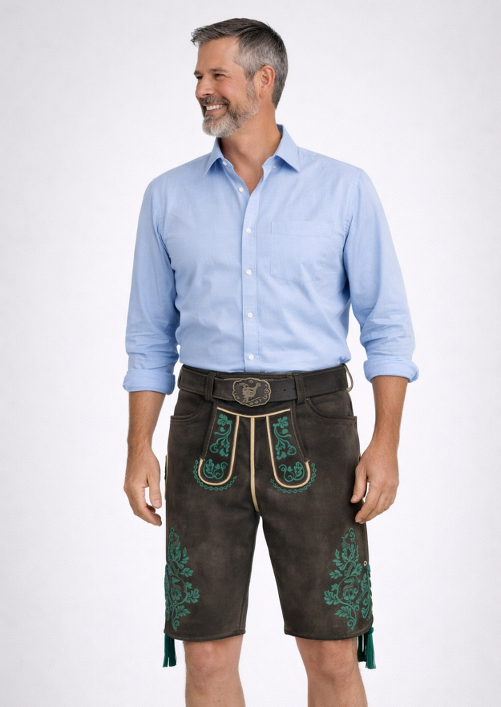 Men's Brown Suede Lederhosen with Green Embroidery for Oktoberfest