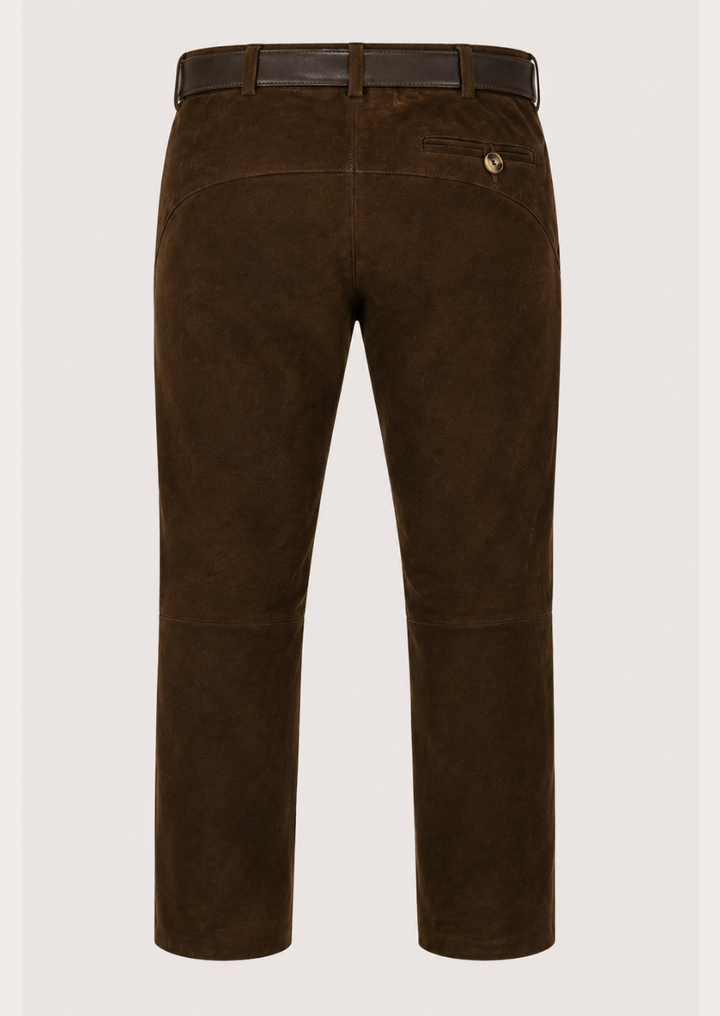 Men’s brown suede Lederhosen pants inspired by authentic Alpine heritage fashion