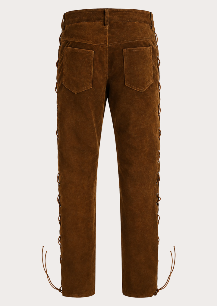Men's brown suede leather pants with decorative side lace-up details and straight-leg fit