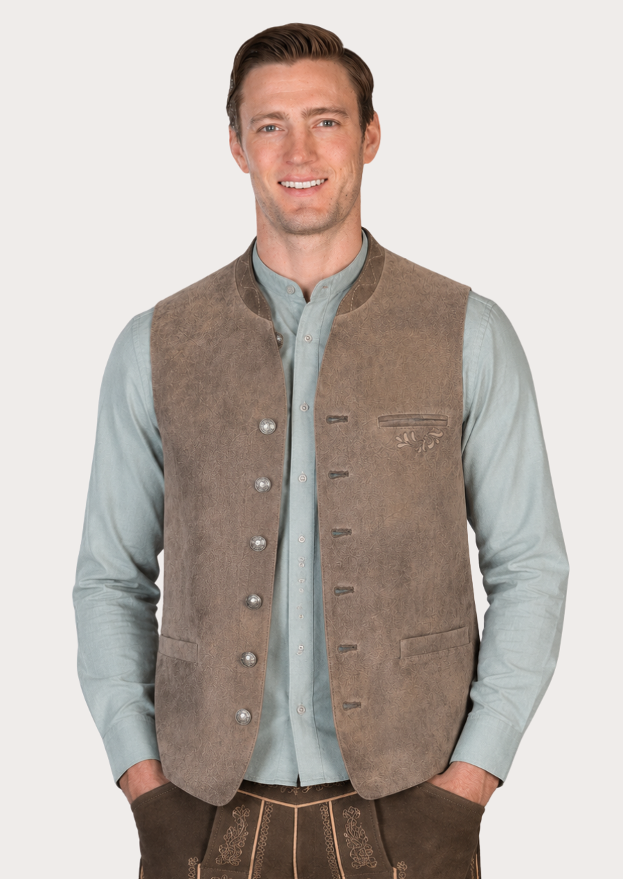 Men's brown sheepskin leather Oktoberfest vest with classic Trachten design
