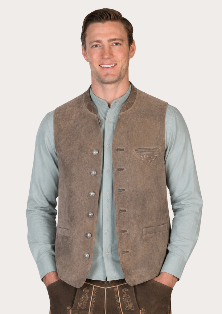 Men's brown sheepskin leather Oktoberfest vest with classic Trachten design