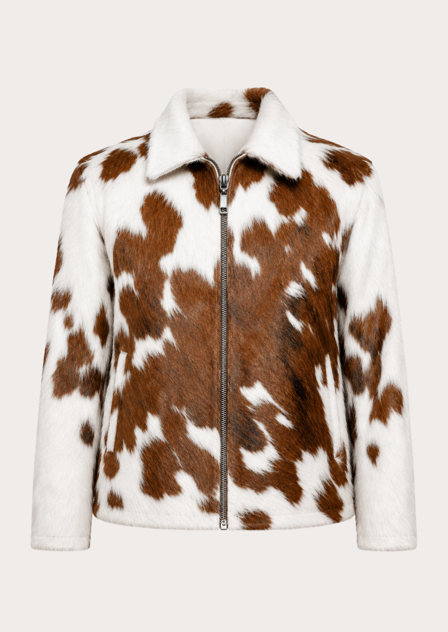 Men brown and white cowhide fur jacket with authentic hair on hide finish