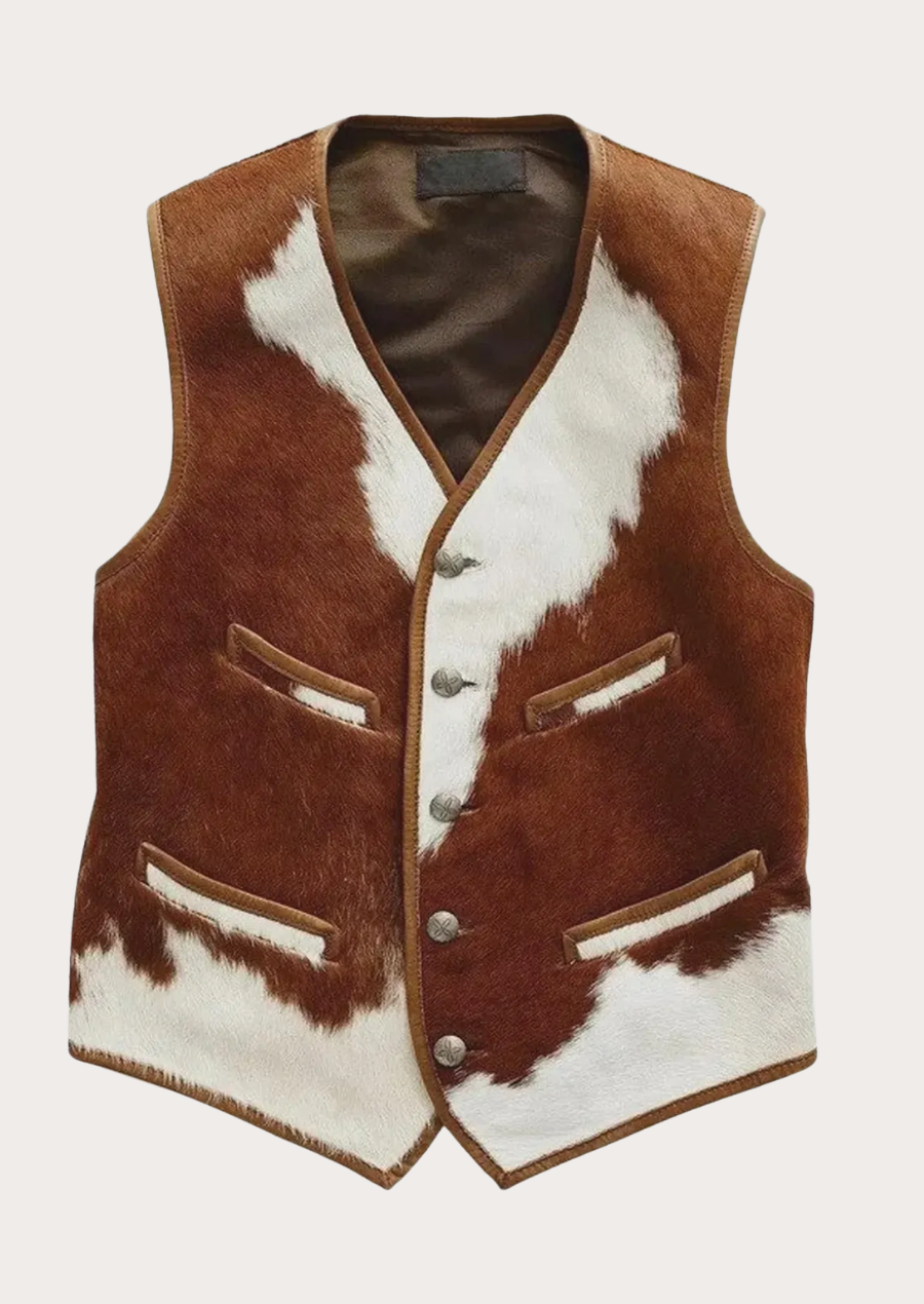 Men's brown and white hair-on cowhide vest crafted from genuine cowhide leather