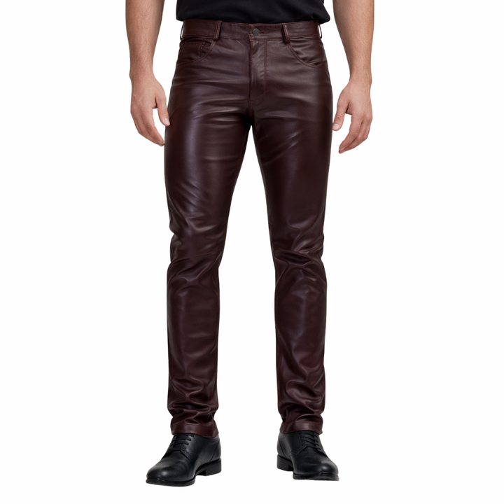 High-quality men’s burgundy leather pants for casual wear
