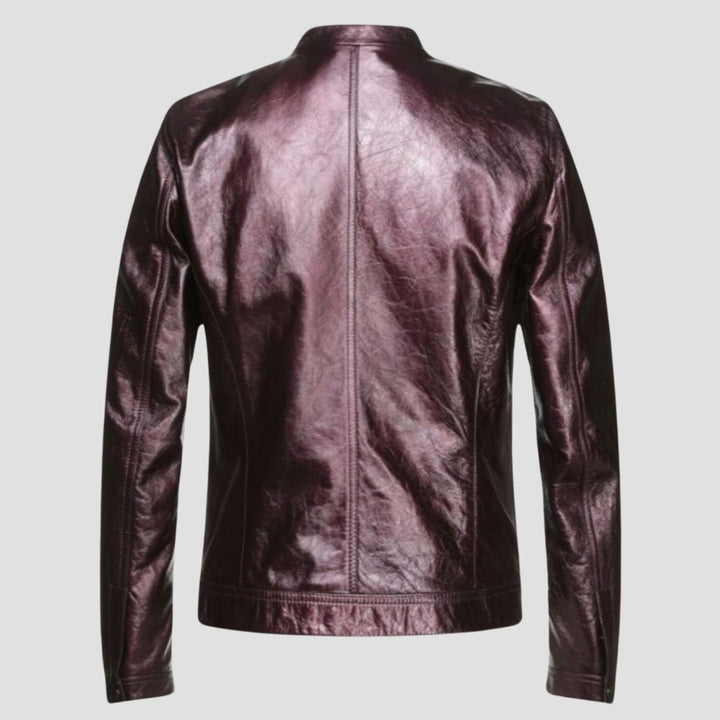 Crafted for the fashion-forward man, this burgundy metallic jacket brings contemporary flair to any outfit.