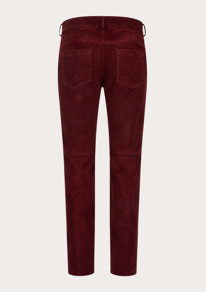 Men's burgundy suede trousers featuring a soft velvety texture and refined finish