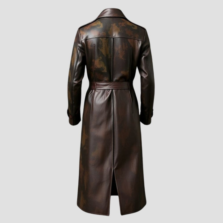 A perfect blend of fashion and comfort, this camouflage leather trench coat is tailored for the modern man.