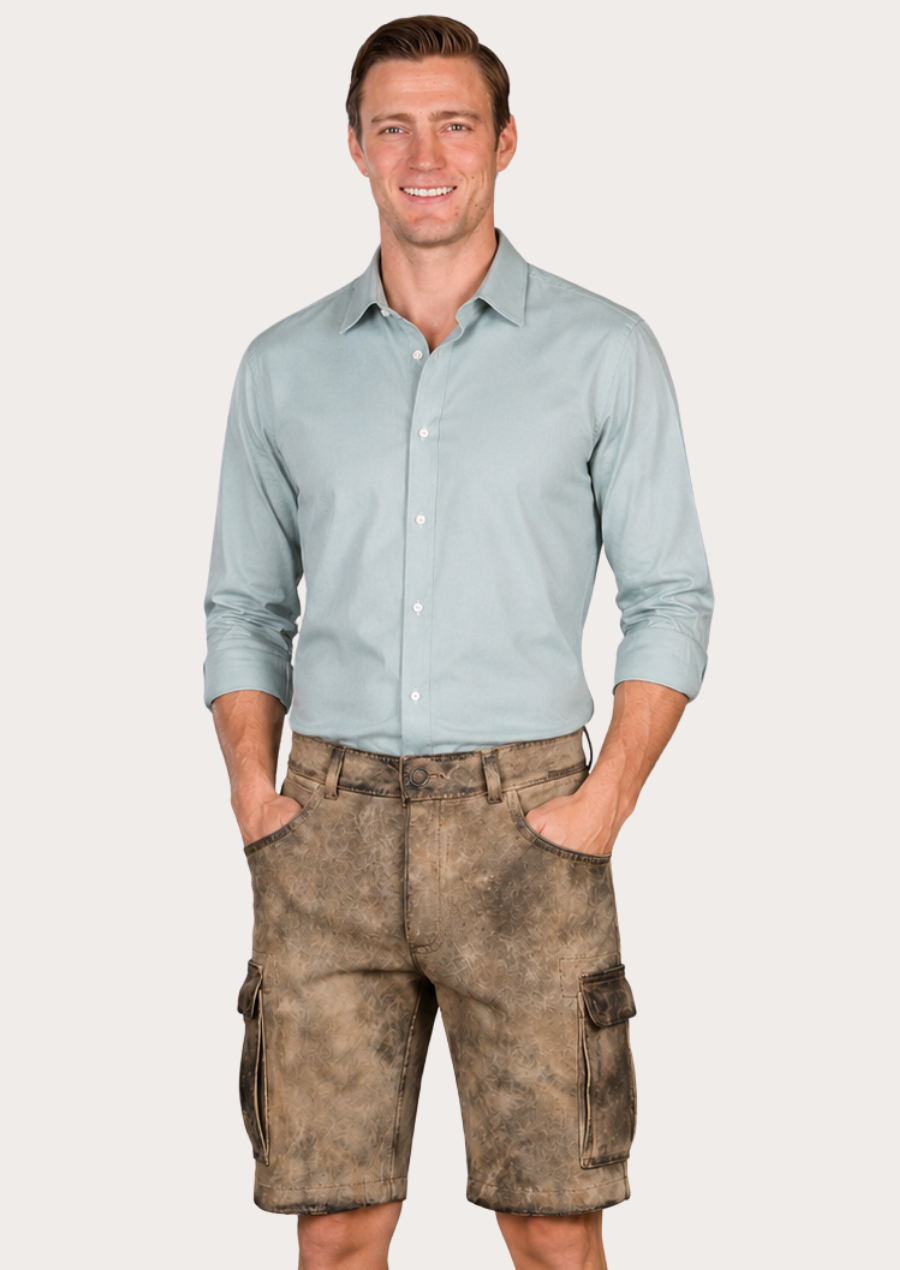 Men’s cargo Lederhosen shorts featuring rustic vintage finish and heritage craftsmanship