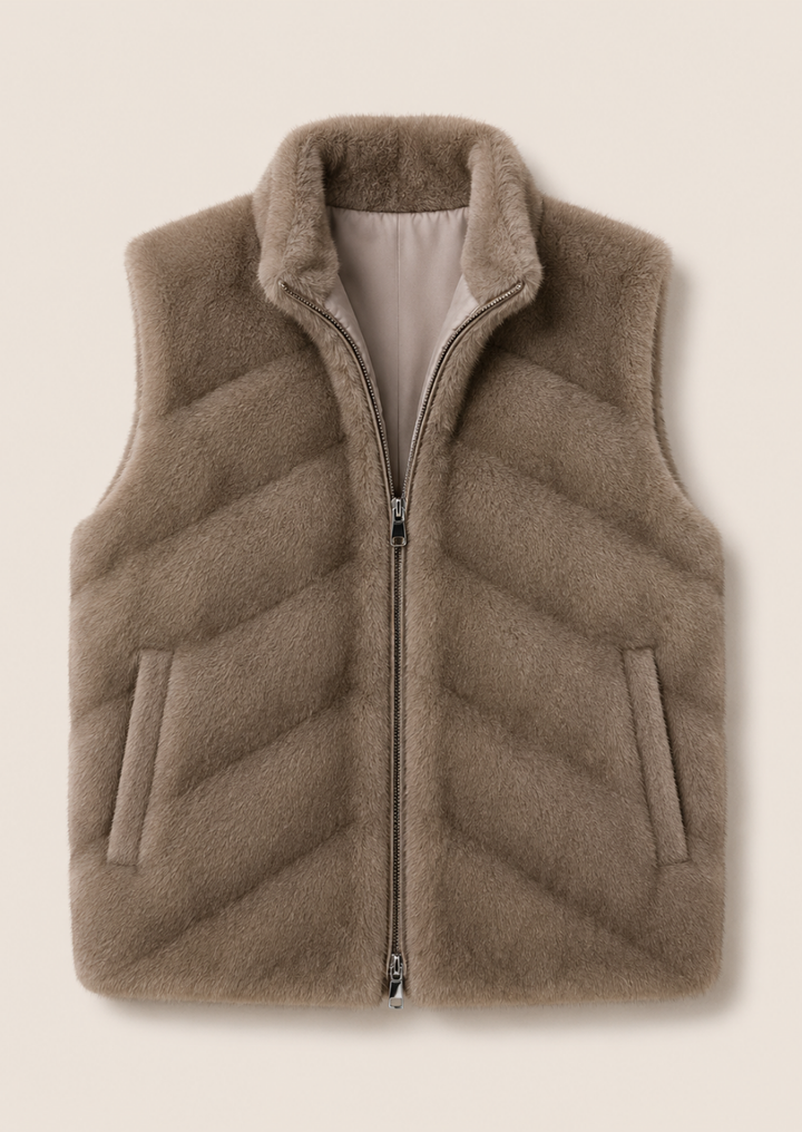 Casual winter faux fur gilet featuring lightweight warmth and side pockets.