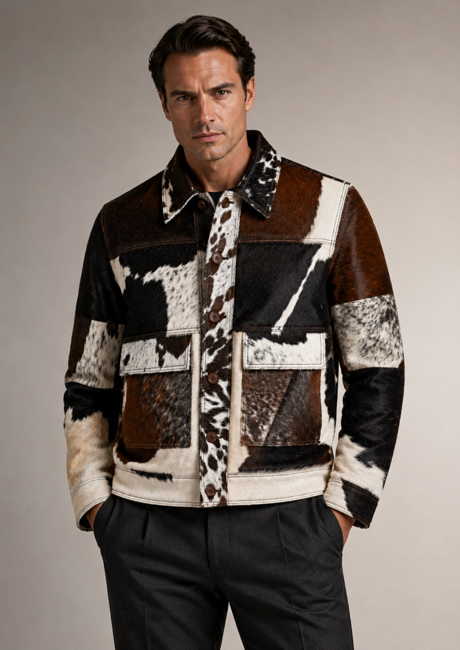 Premium hair on hide cowhide leather jacket with unique cow print pattern