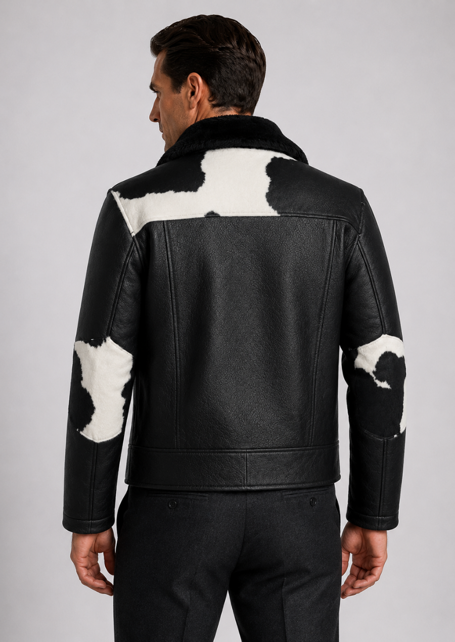 Premium black and white cowhide bomber jacket for western-inspired style