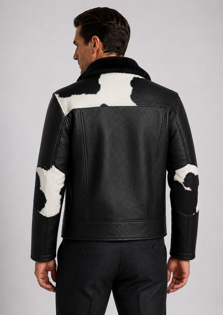 Premium black and white cowhide bomber jacket for western-inspired style