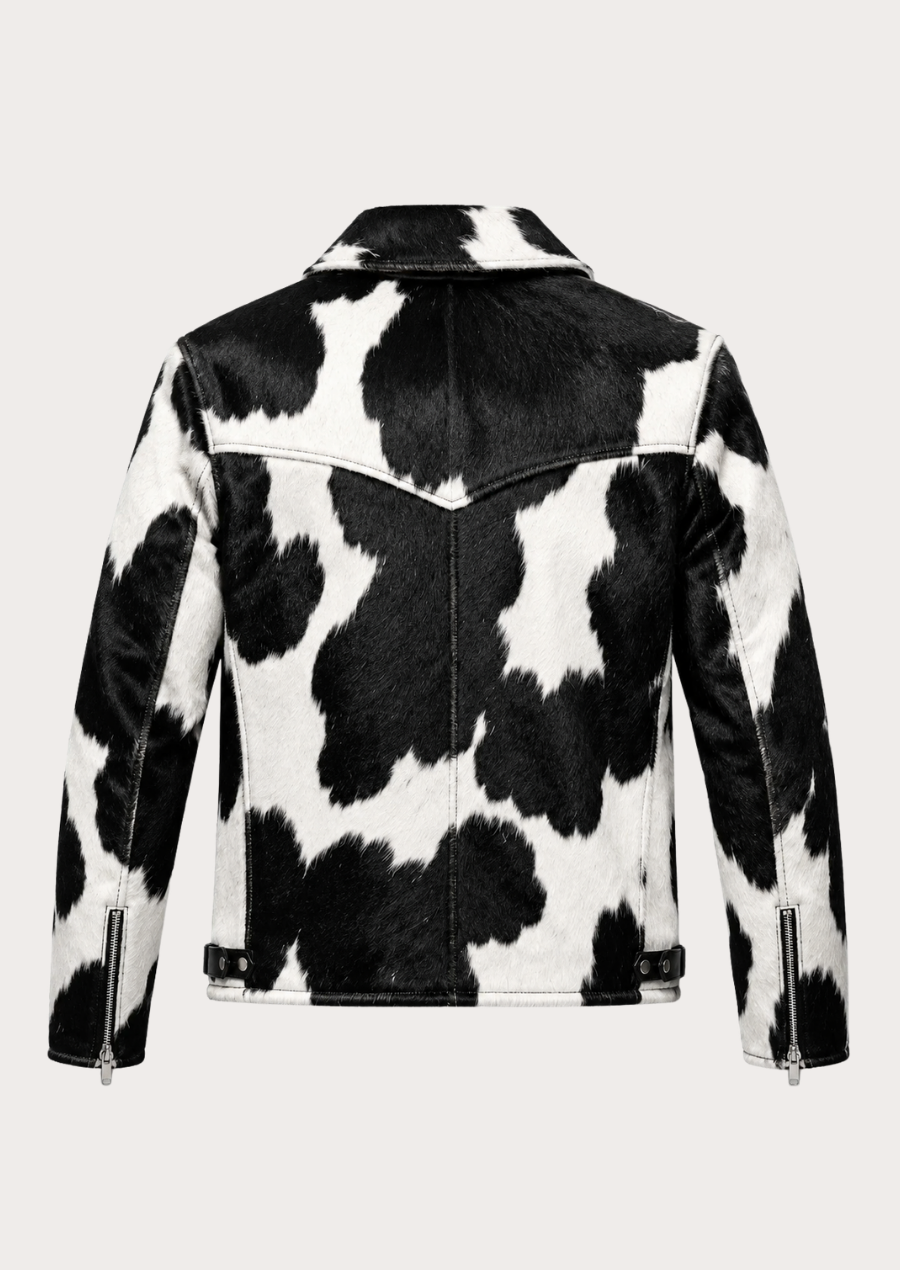 Men's western cowhide biker jacket with natural hair on hide cow print design