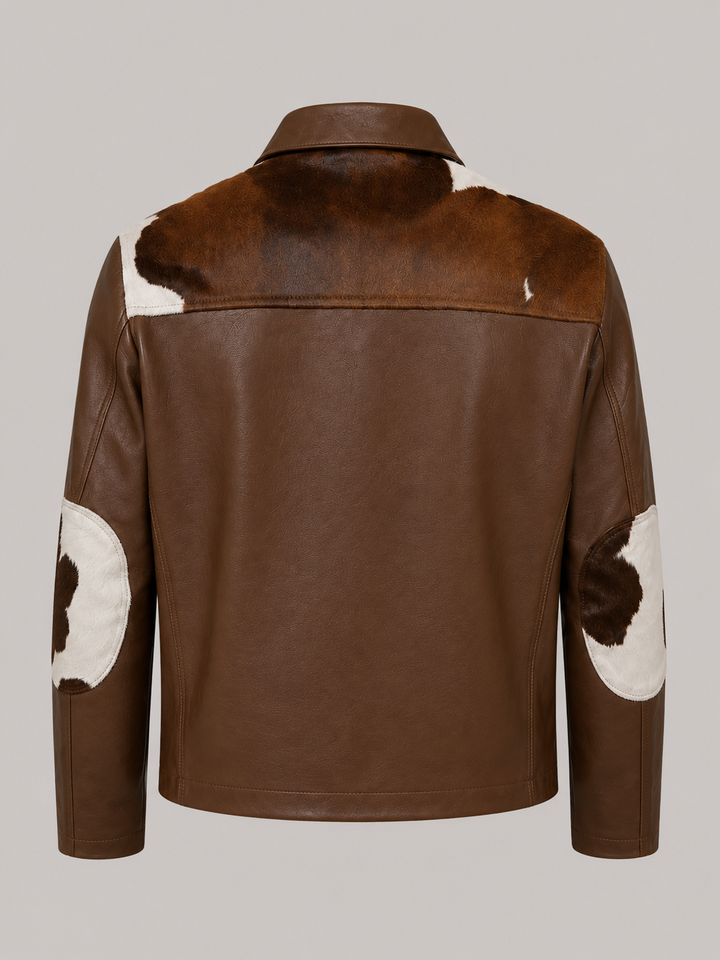 Men's café racer jacket featuring genuine hair on hide cowhide leather front panels