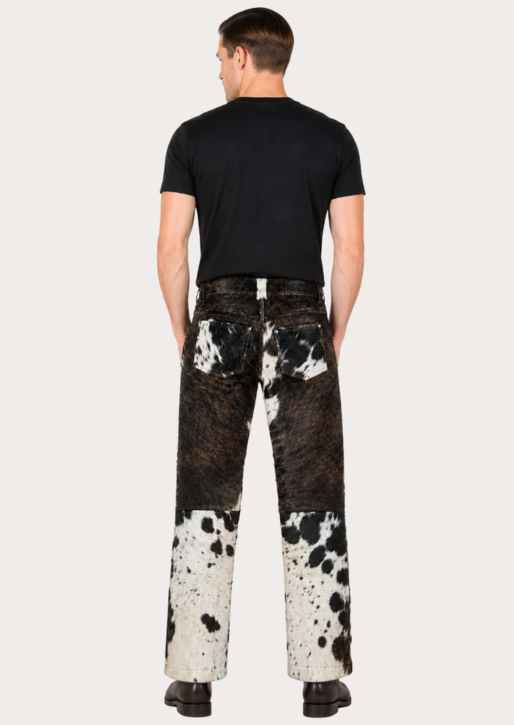 Authentic rodeo cowhide leather pants designed for Western fashion and ranch wear