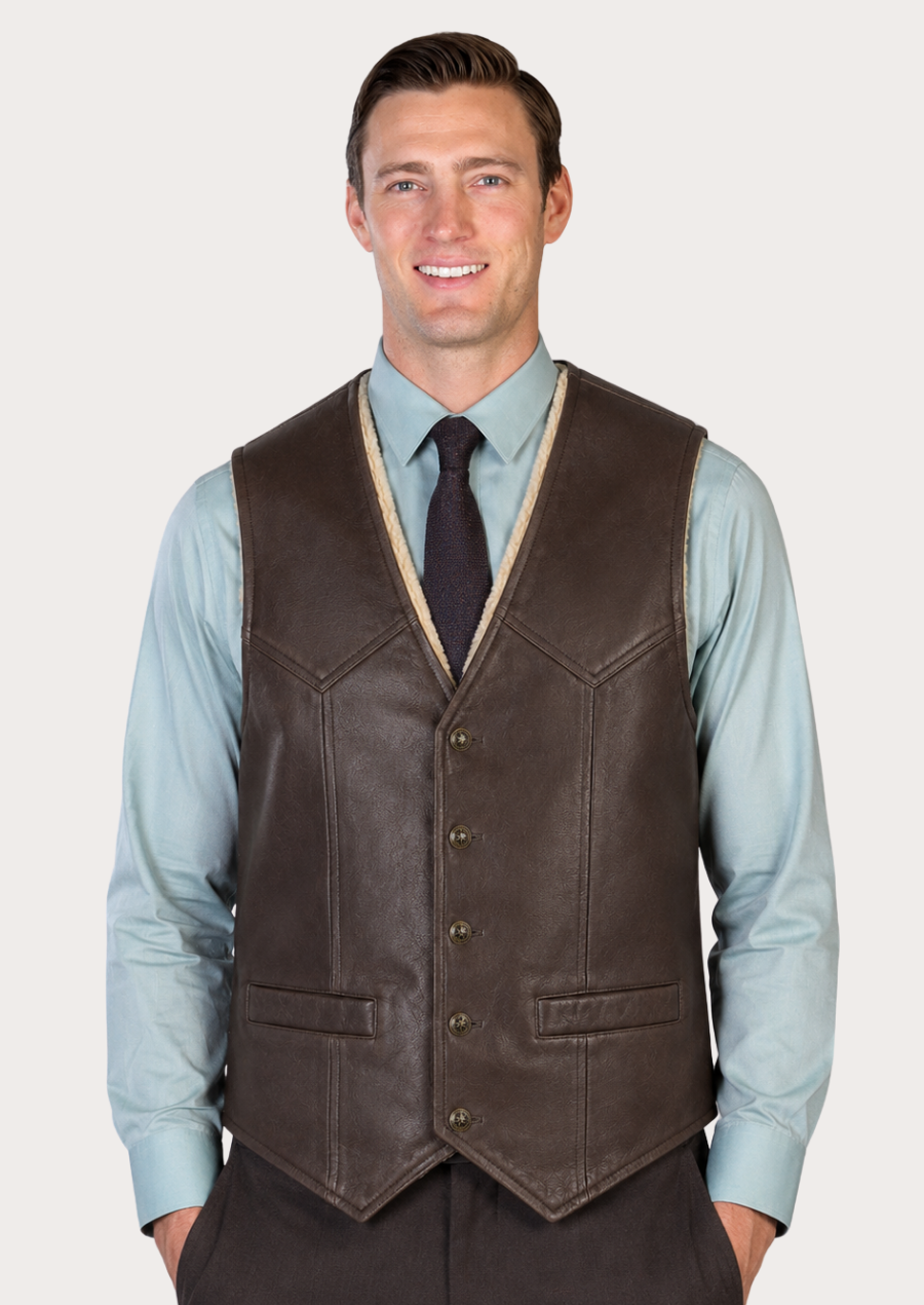 Men's dark brown cowboy fur vest with button-front closure and Western styling.