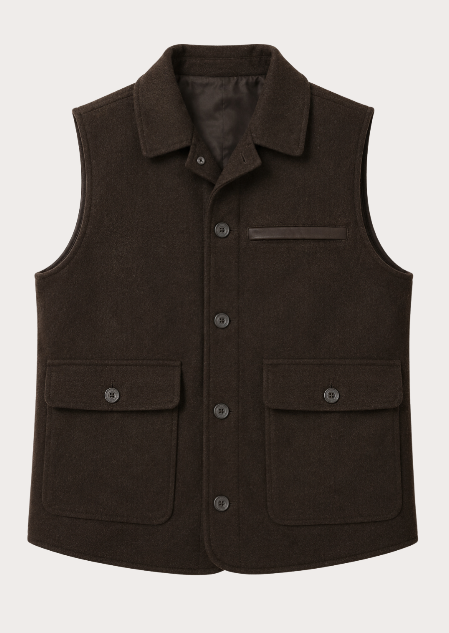 Men's dark brown wool vest with classic collar and button-front closure.