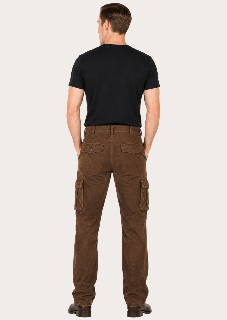 Brown leather utility cargo pants featuring durable cowhide and multiple pockets