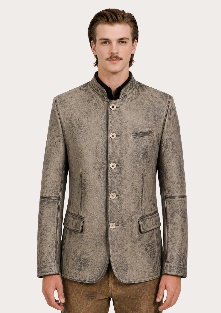 Men's distressed leather Trachten jacket inspired by authentic Alpine heritage