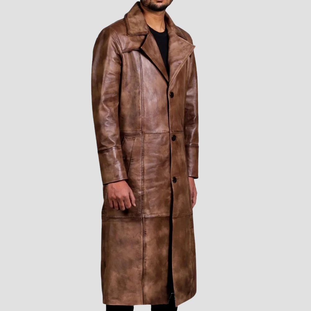 Embrace winter with a stylish distressed leather trench coat that combines rugged charm and warmth.