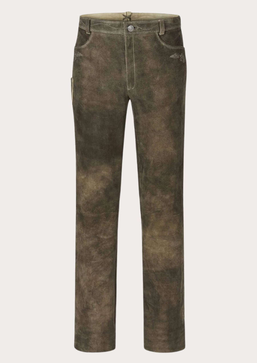 Men’s distressed olive black suede pants designed in a vintage trouser style