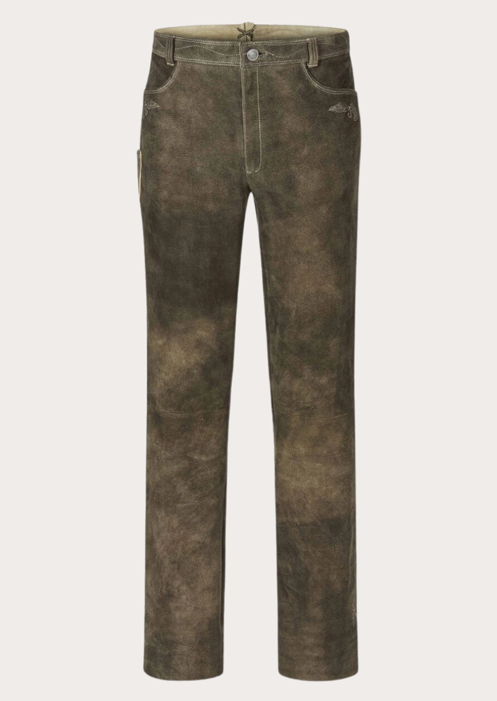Men’s distressed olive black suede pants designed in a vintage trouser style