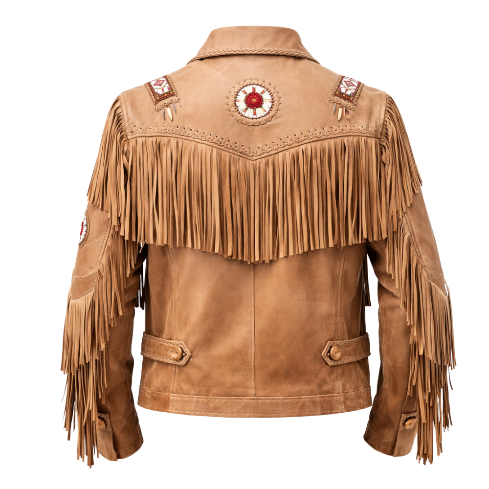 men's distressed sheepskin fringed jacket with worn finish