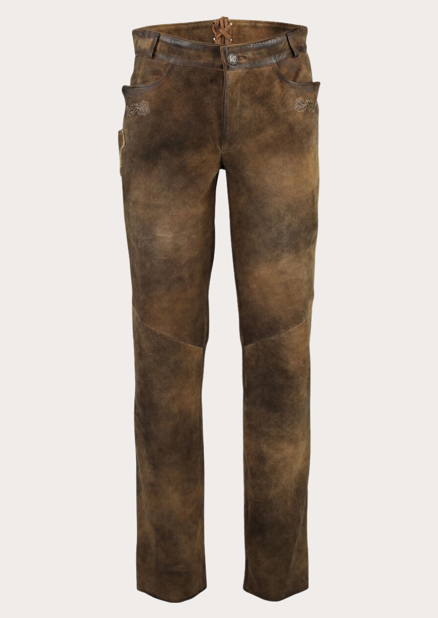 Rustic distressed suede leather Trachten pants for men with authentic Bavarian styling
