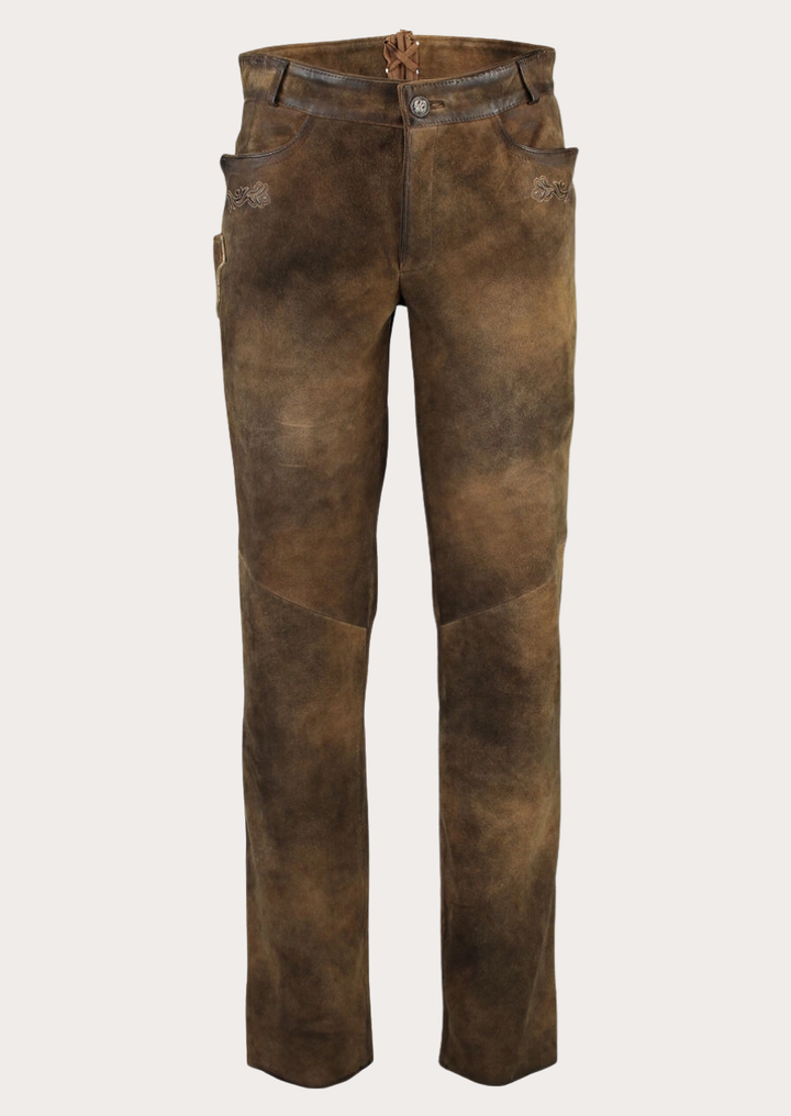 Rustic distressed suede leather Trachten pants for men with authentic Bavarian styling