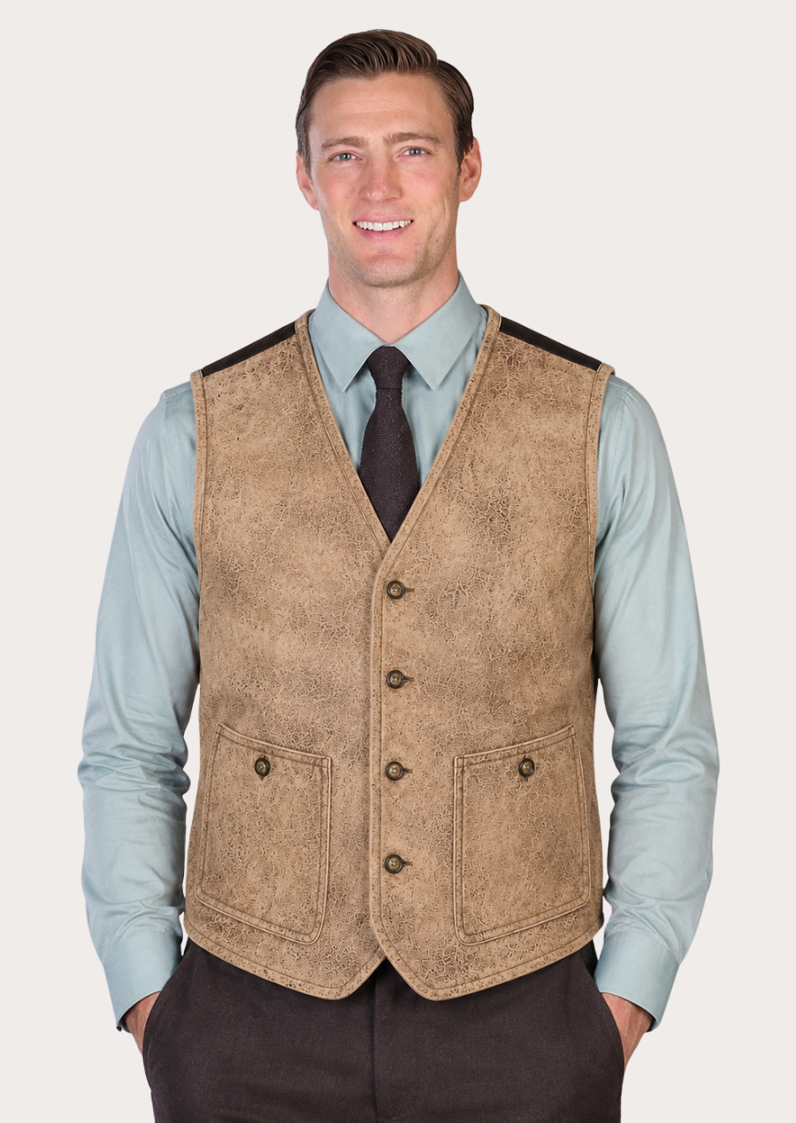 Men's distressed tan sheepskin leather Western waistcoat with button front closure