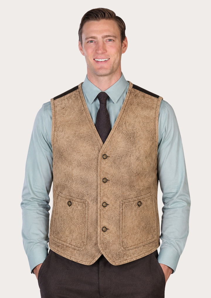 Men's distressed tan sheepskin leather Western waistcoat with button front closure