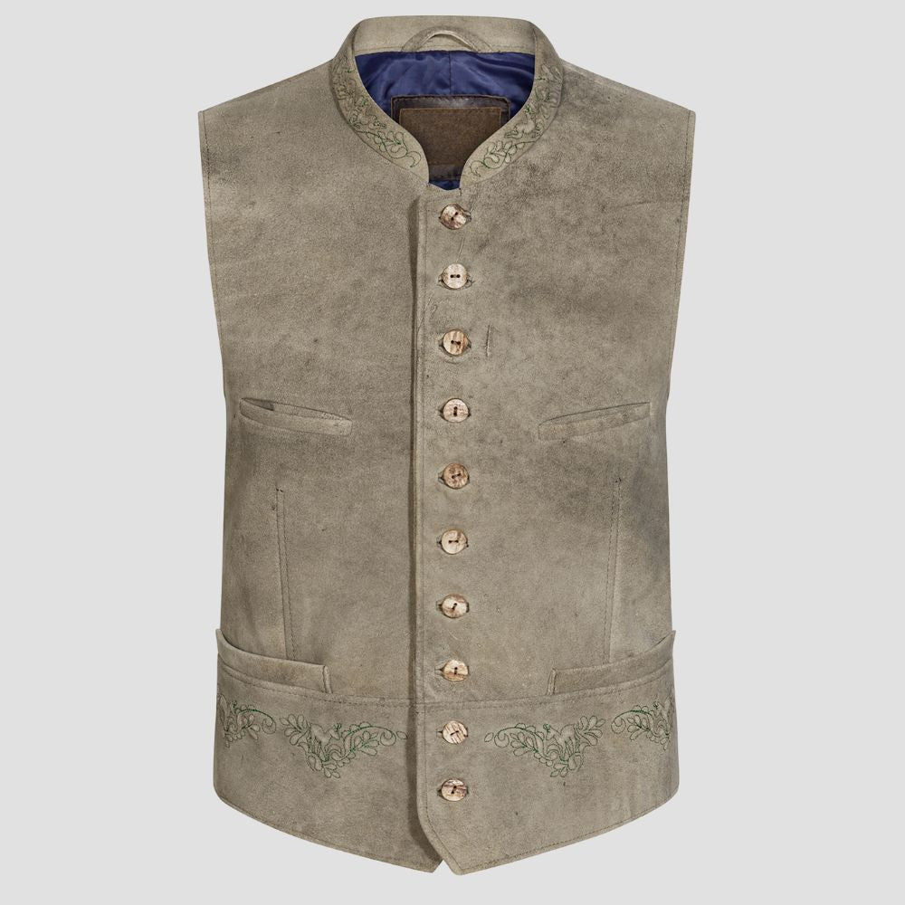 Celebrate U.S. folk festivals in style with this men’s embroidered leather Trachten vest, combining tradition and modern flair.