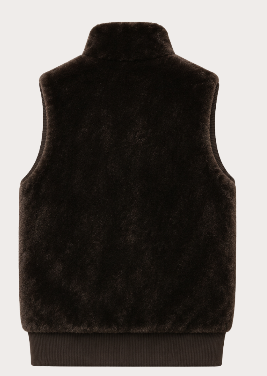 Sleeveless faux fur vest in espresso brown designed for winter layering