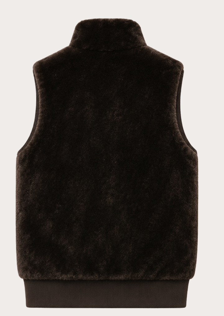 Sleeveless faux fur vest in espresso brown designed for winter layering