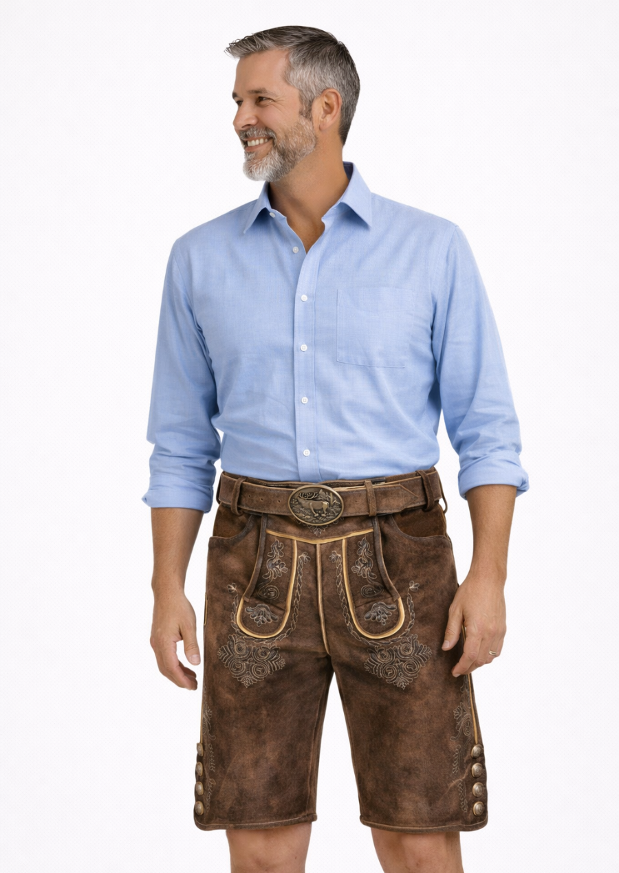 Men's Floral Embroidery Brown Lederhosen for Oktoberfest Celebrations