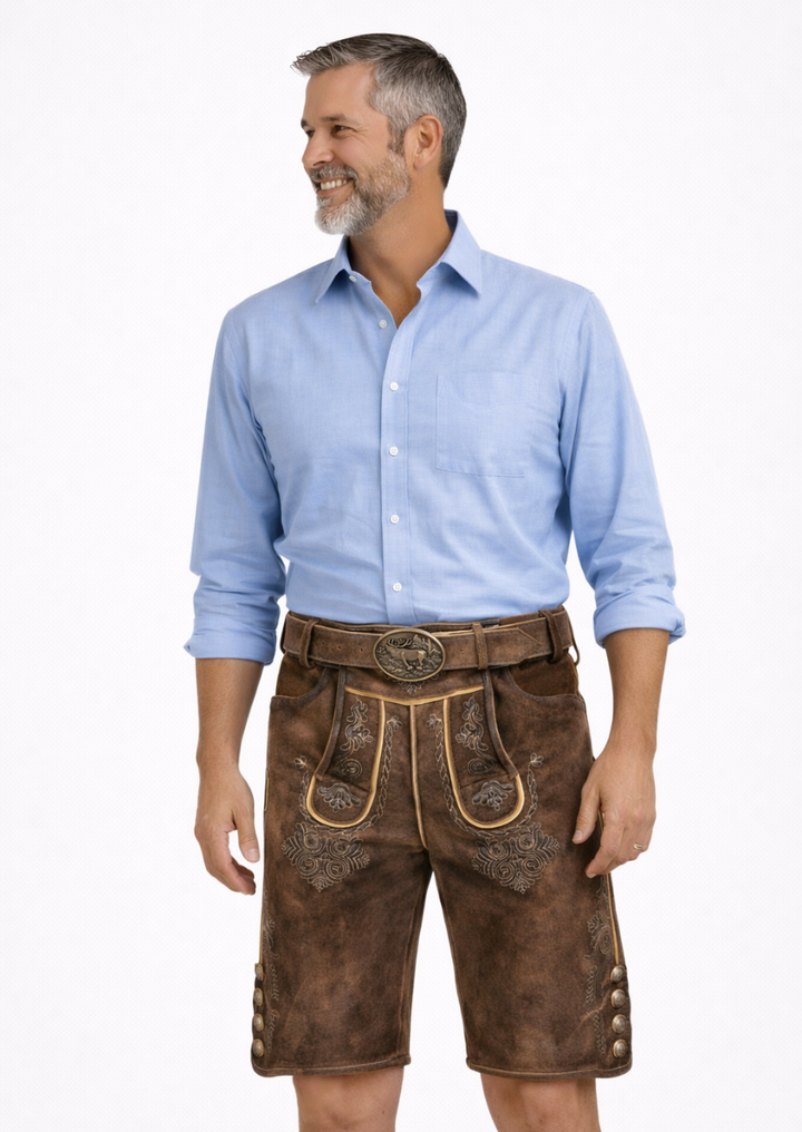 Men's Floral Embroidery Brown Lederhosen for Oktoberfest Celebrations
