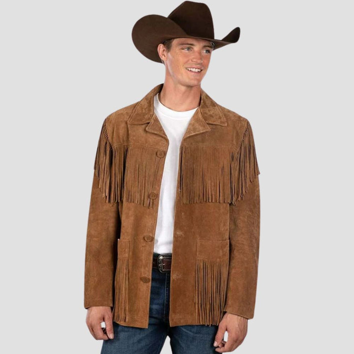 Step into the wild west with confidence in this men’s stylish western jacket, complete with fringes for a unique cowboy look.