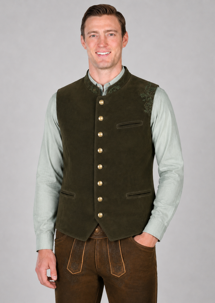 Traditional Bavarian Waistcoat in Goat Suede with Embroidered Details
