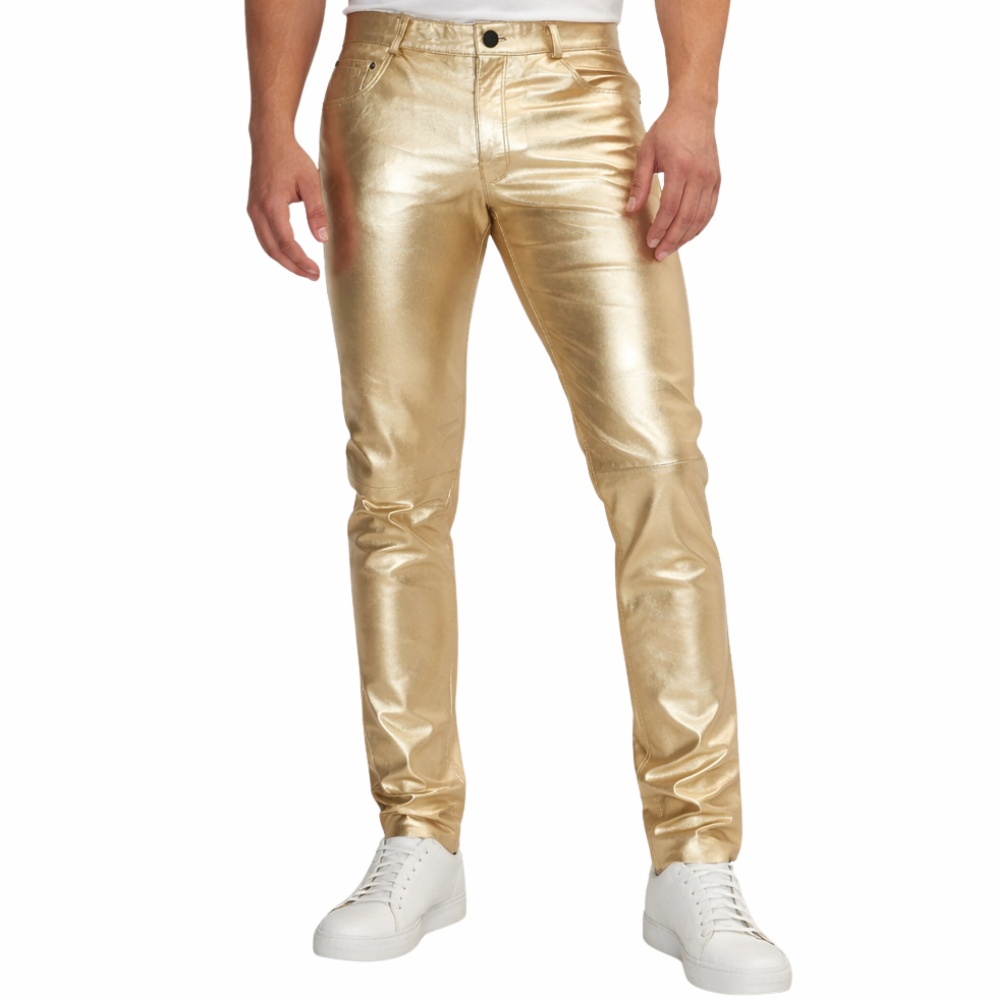 Premium gold metallic leather pants for men
