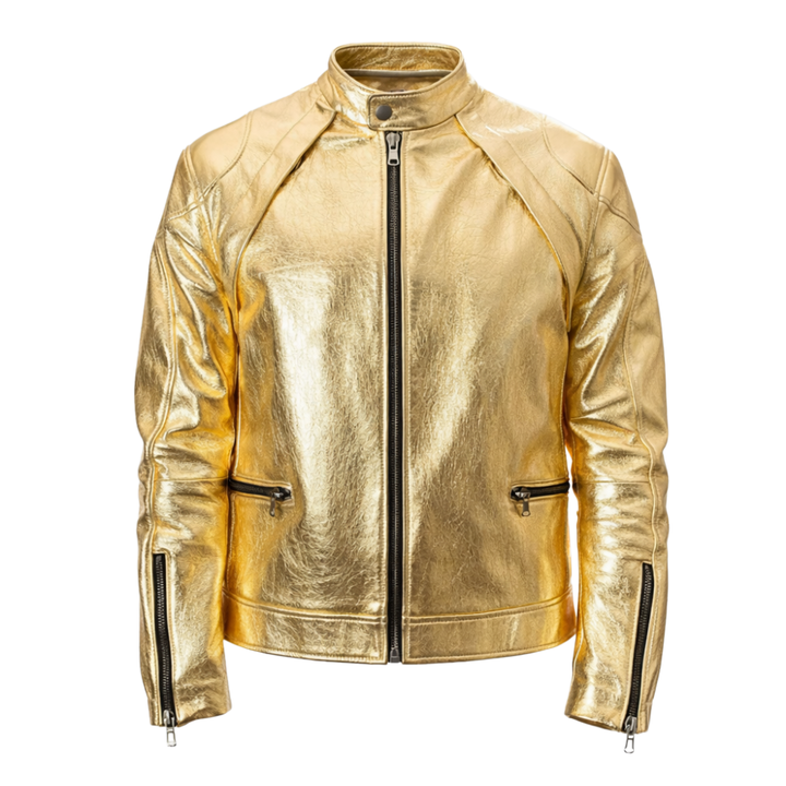 Men's gold metallic rave leather jacket with reflective styling