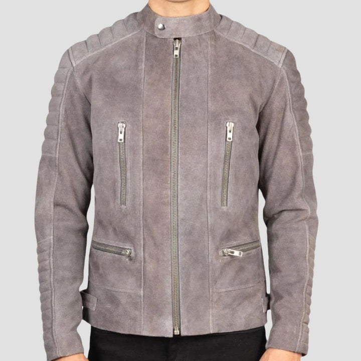 Embrace urban street style with this sleek gray suede biker jacket, designed for modern, fashion-forward looks.