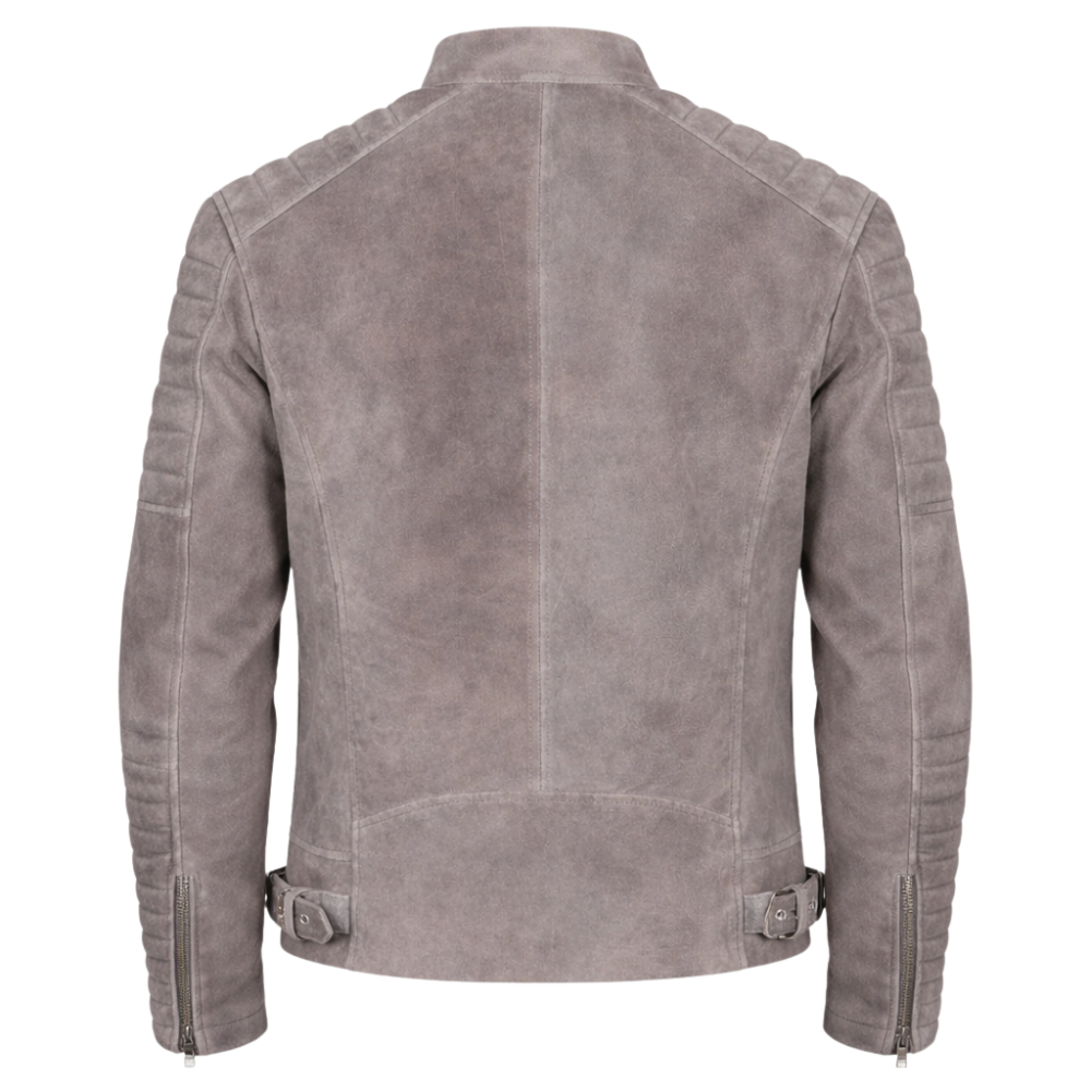 Men's gray suede motorcycle jacket with biker details