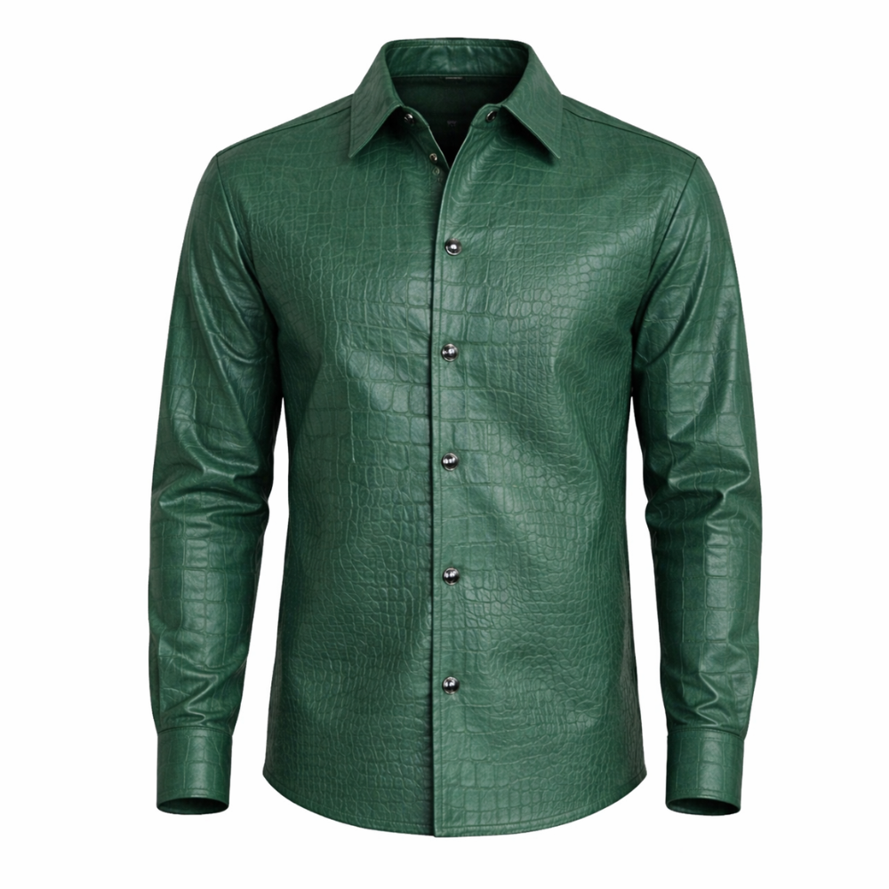 Men’s green crocodile pattern leather shirt for fashion wear