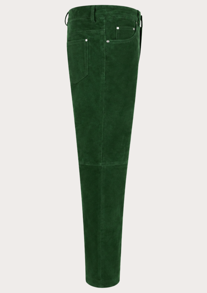 Men's emerald green suede leather trousers with a straight-leg biker-inspired fit