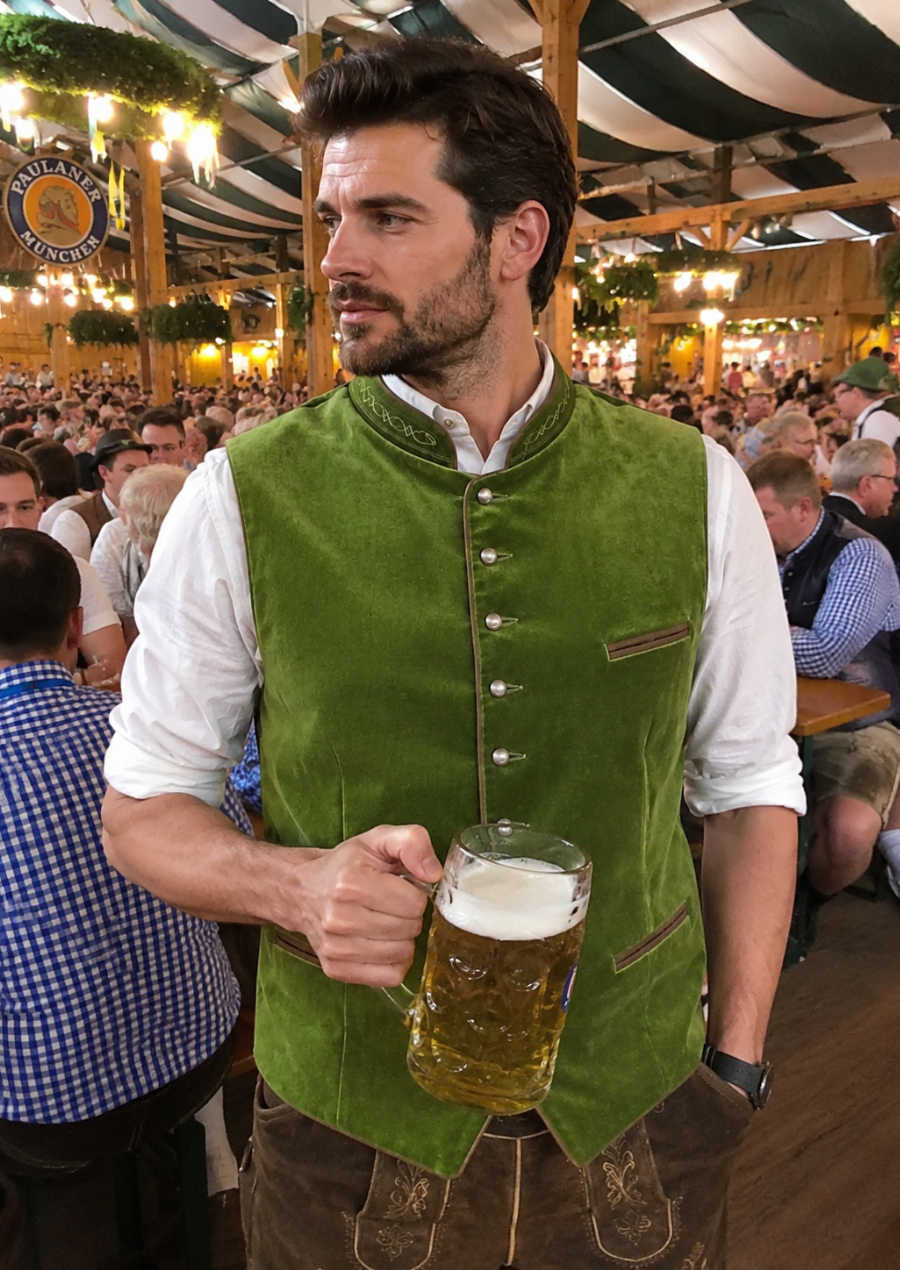 Elegant green velvet waistcoat for men featuring classic Alpine craftsmanship