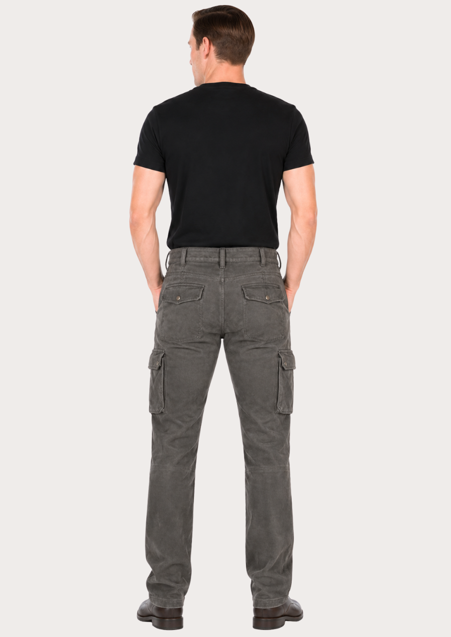 Men’s grey suede leather cargo trousers featuring spacious multi-pocket functionality