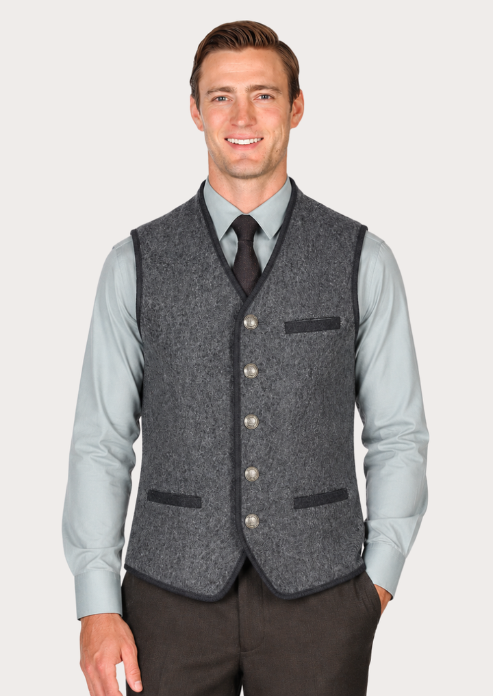 Men Grey Wool Trachten Vest with antique silver-tone buttons and black trim