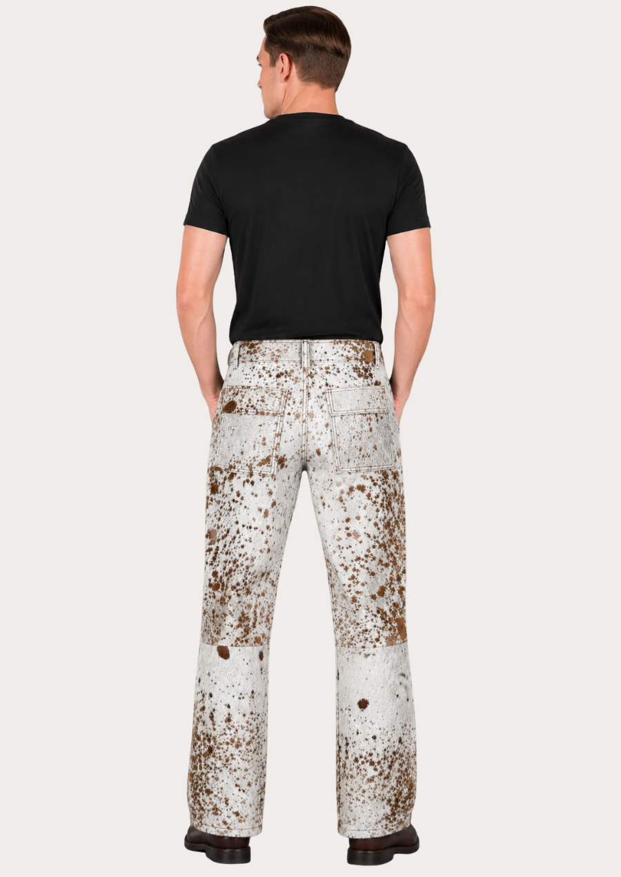 Men’s hair-on cowhide cargo trousers featuring rugged Western-inspired design