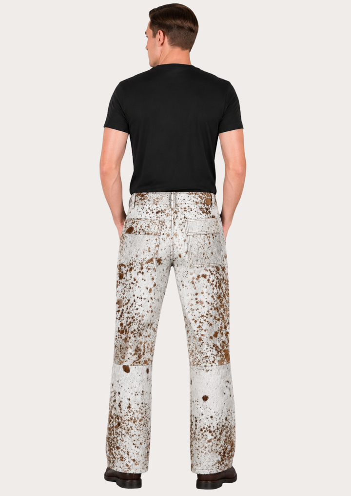 Men’s hair-on cowhide cargo trousers featuring rugged Western-inspired design